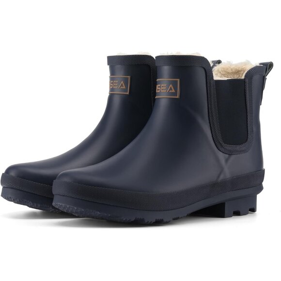 ⚡Women's Navy Blue Pull On Plush Rain Ankle Snow Boot Waterproof Chelsea Rubber - Picture 1 of 6